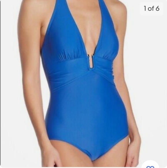 🌟 NWT NICOLE MILLER Royal Blue Halter Plunge Swimwear Women's Size 8  Shirred - Picture 11 of 14
